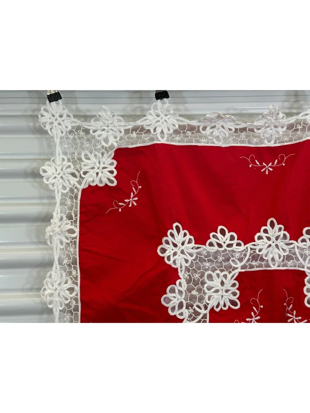 Vintage Cutwork Tablecloth Card Table Topper Floral Red White Embroidery Machine